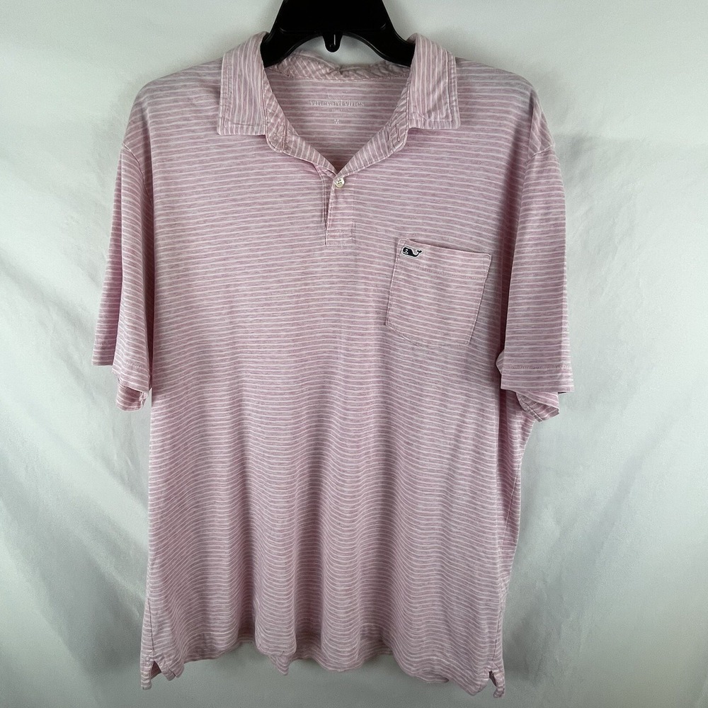 Vineyard Vines Mens M Pima Cotton Polo Shirt Pink Striped Short Sleeve Pocket